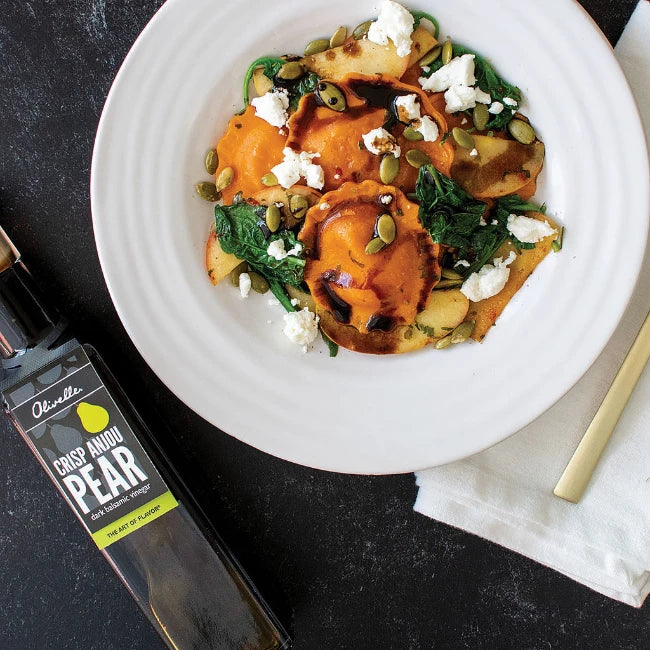 Olivelle's Squash Raviolis with Sautéed Apples & A Pear Balsamic Drizzle