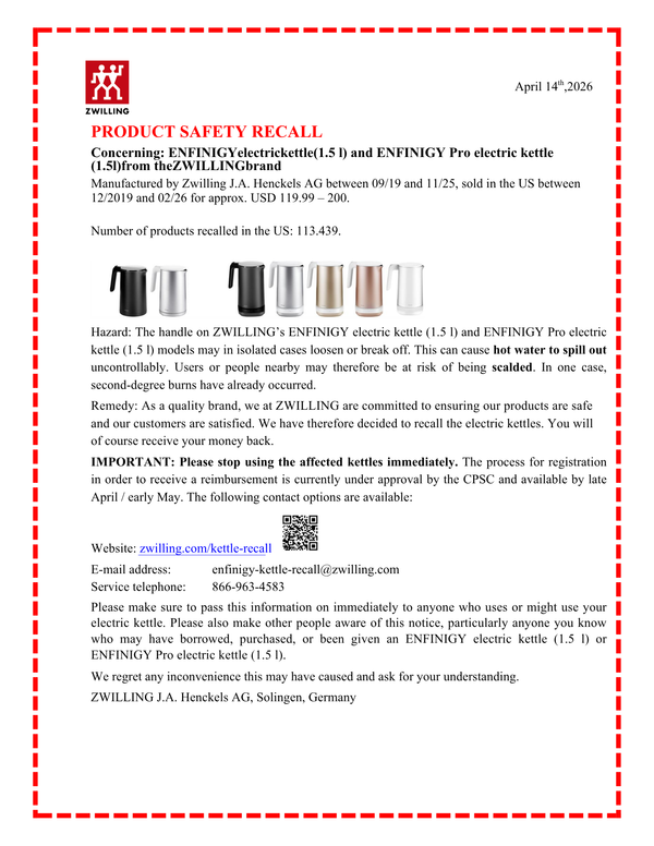 NOTICE: Product Safety Recall for 1.5L Zwilling Enfinigy Electric Kettles