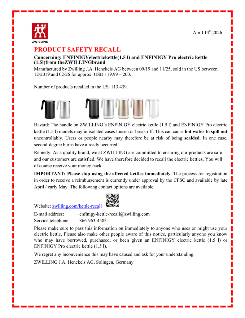 NOTICE: Product Safety Recall for 1.5L Zwilling Enfinigy Electric Kettles