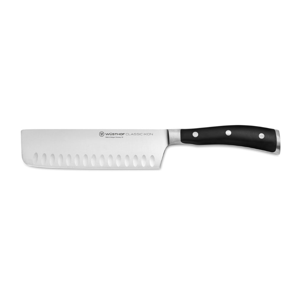 Nakiri knife with a black handle on a white background