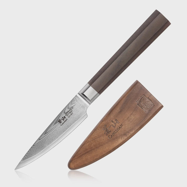 Paring knife with wooden sheath on a white background