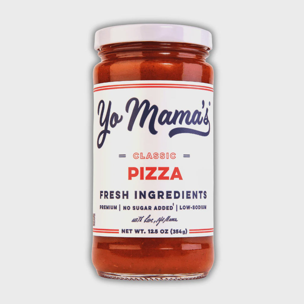 Jar of Yo Mama's Classic Pizza sauce on a light gray background