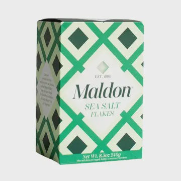 Maldon sea salt flakes packaging with green and white design