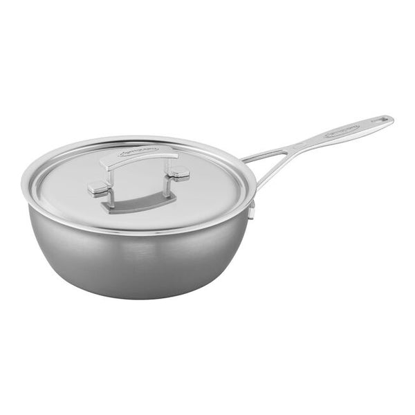 Stainless steel pot with lid on a white background