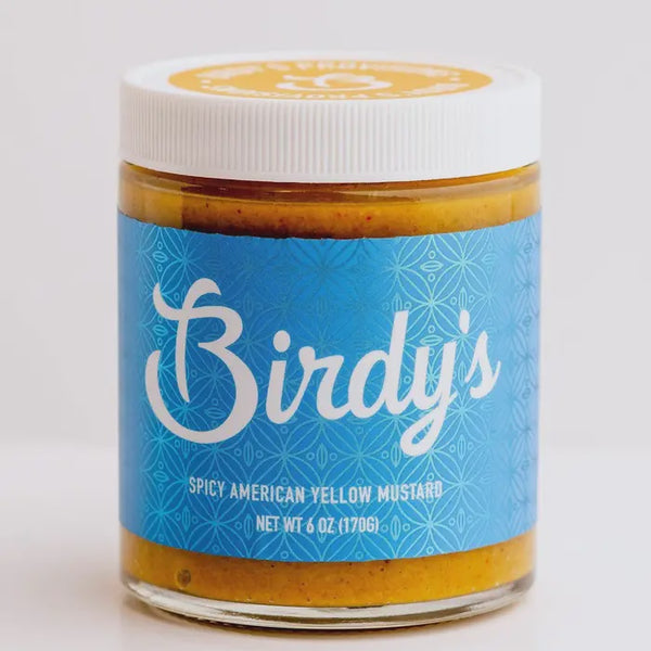 Jar of Birdy's Spicy American Yellow Mustard on a white background