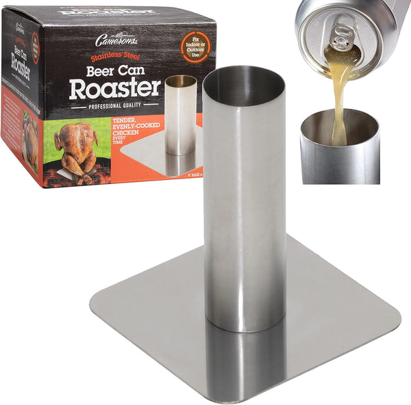 Stainless steel beer can roaster with can being poured into it, next to its packaging.