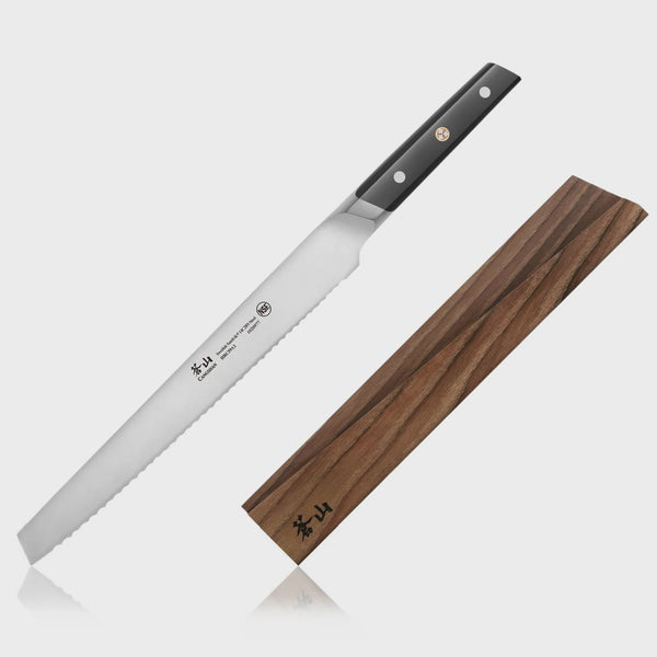 Bread Knife with wooden sheath on a white background