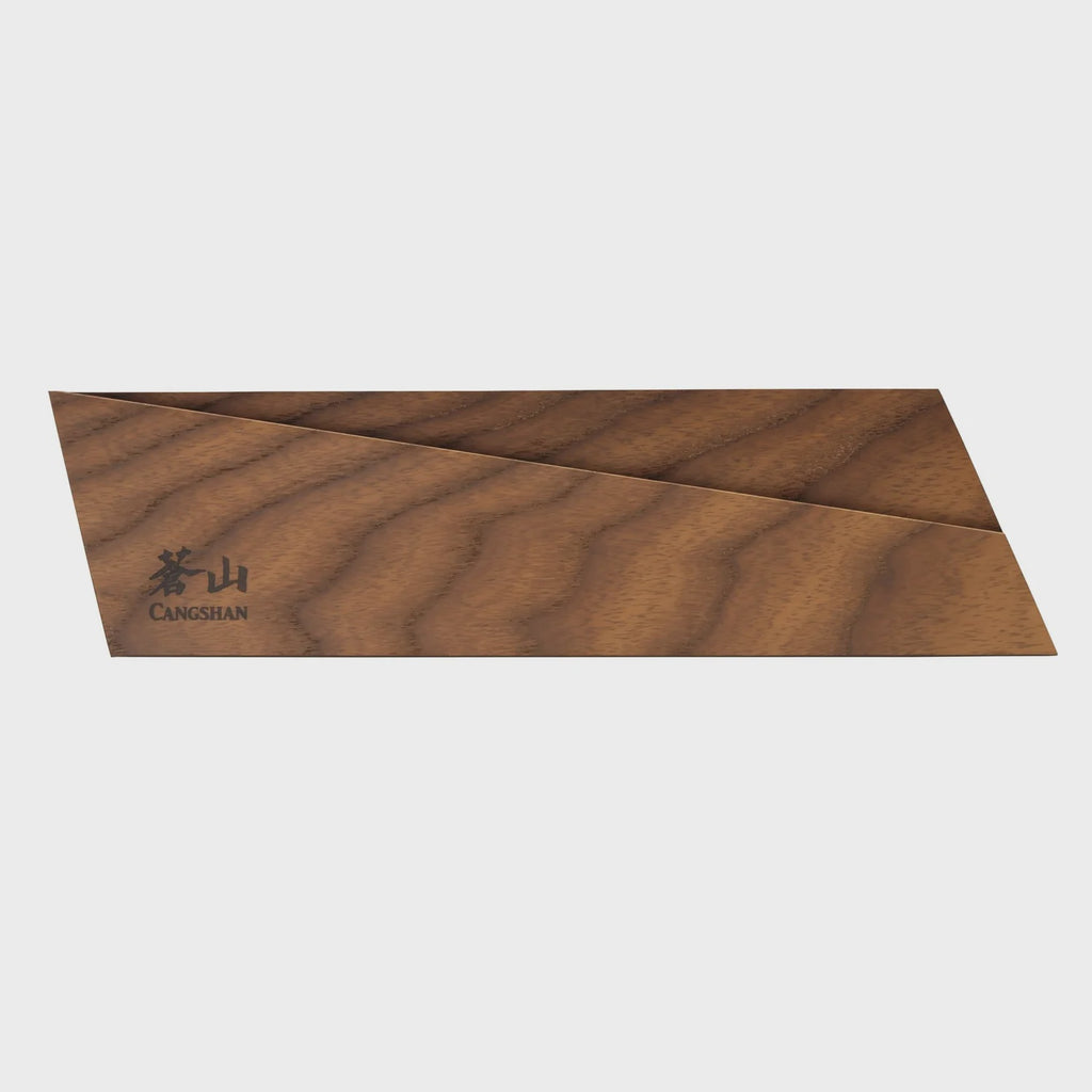 Wooden knife sheath with 'Cangshan' branding on a white background
