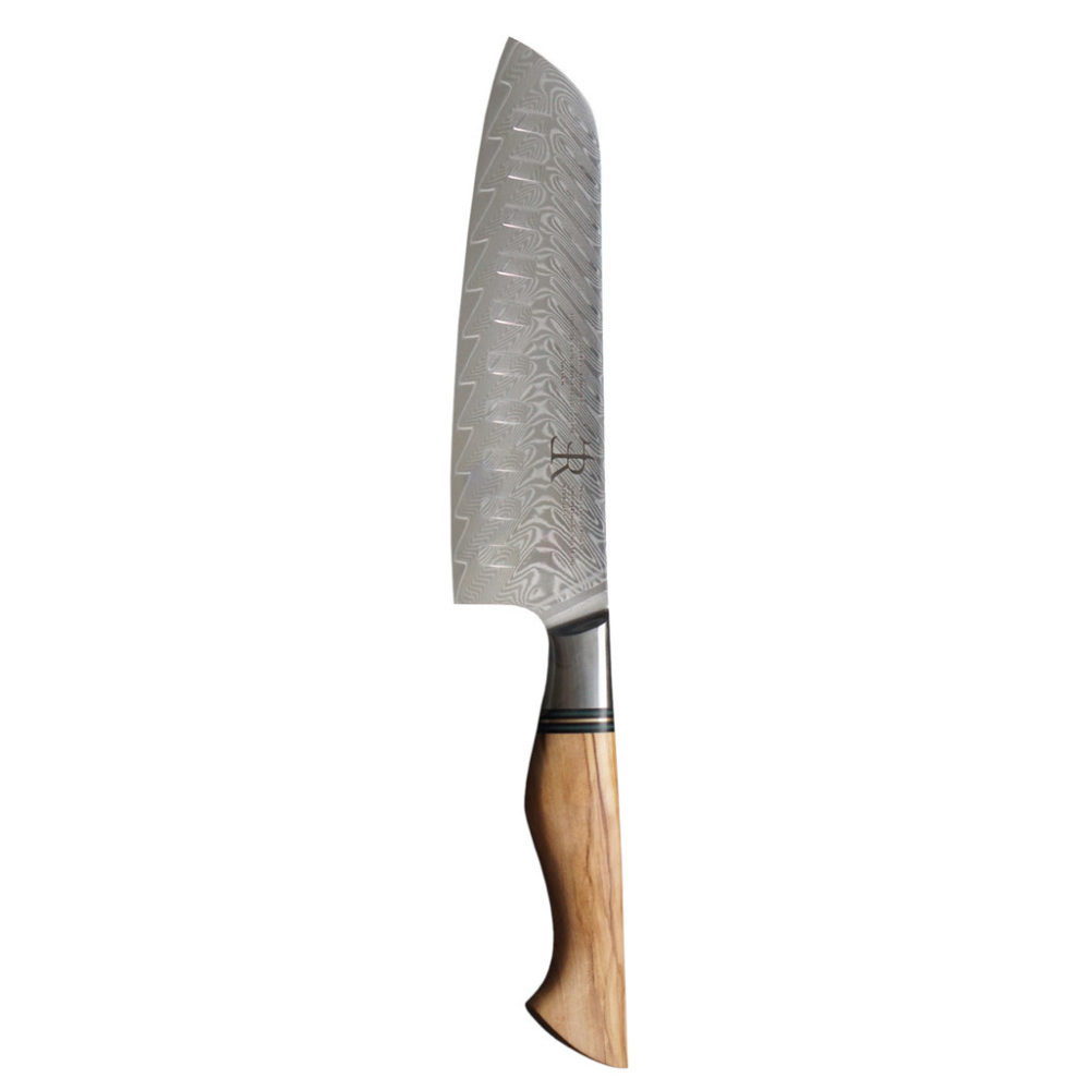 Santoku knife with a wooden handle on a white background