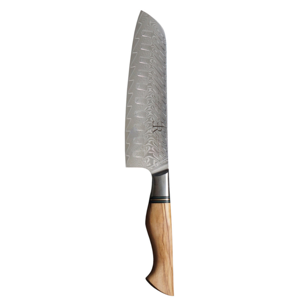 Santoku knife with a wooden handle on a white background