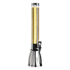 A clear beverage dispenser with a chrome plated steel base. It has measurement markings on the side and a single spigot for pouring.