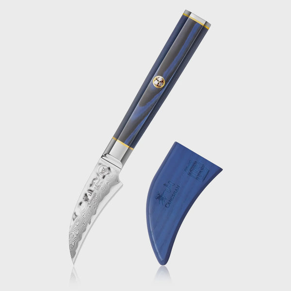 Blue-handled bird's beak paring knife with a blue sheath on a white background