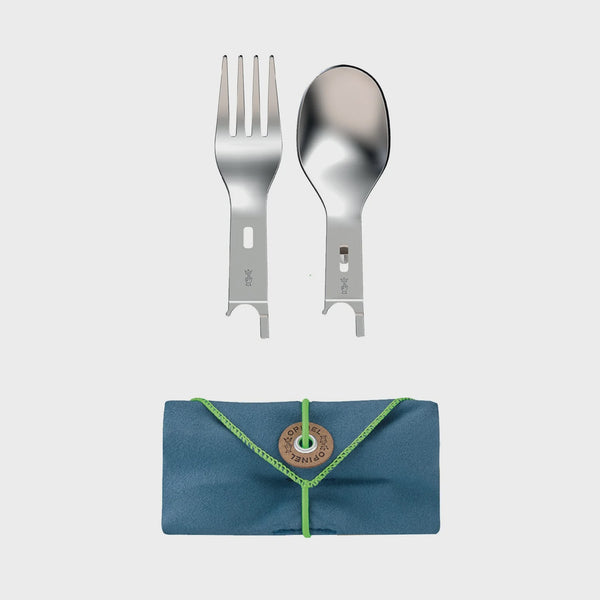 Metal fork and spoon attachment set with a blue pouch on a light gray background