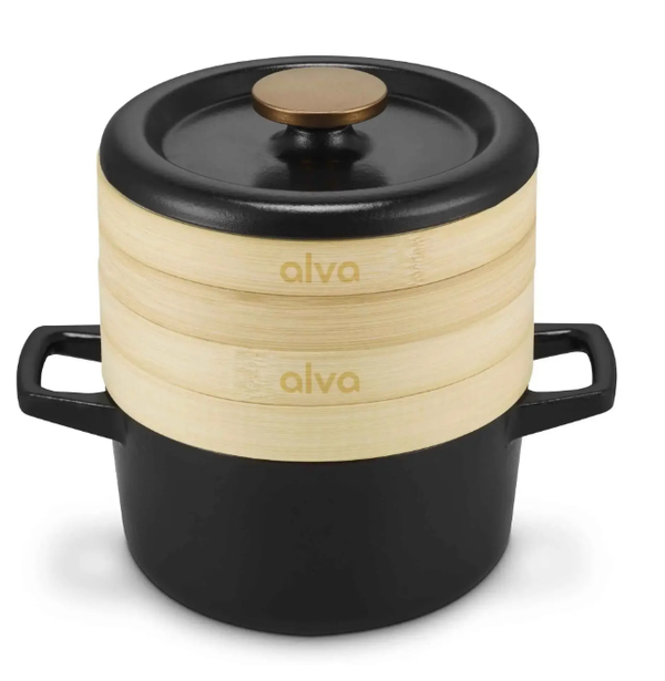 Black dutch oven with steamer baskets and 'alva' branding on a white background