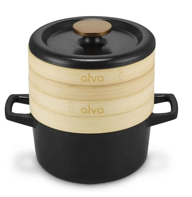 Black dutch oven with steamer baskets and 'alva' branding on a white background