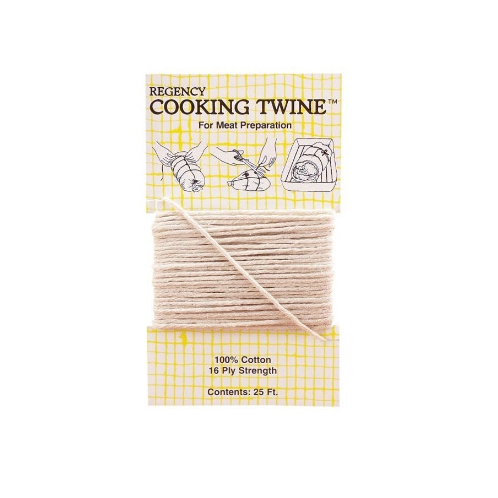 Packaged cooking twine with yellow label on a white background