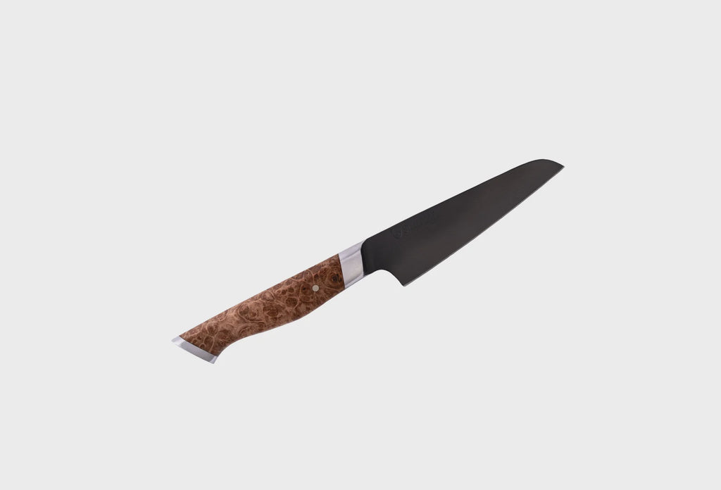4" Paring Knife with a black blade and wooden handle on a white background
