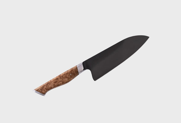 6" Black kitchen knife with a wooden handle on a white background