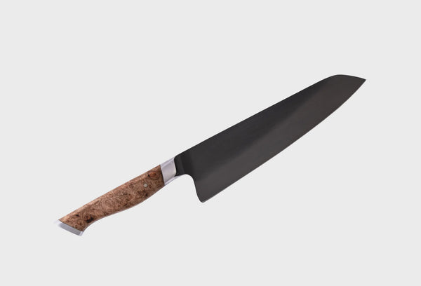 8" Knife with a black blade and wooden handle on a white background