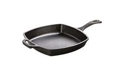 A 10.5 inch square cast iron skillet with a lid, showcasing a dark gray or black finish.