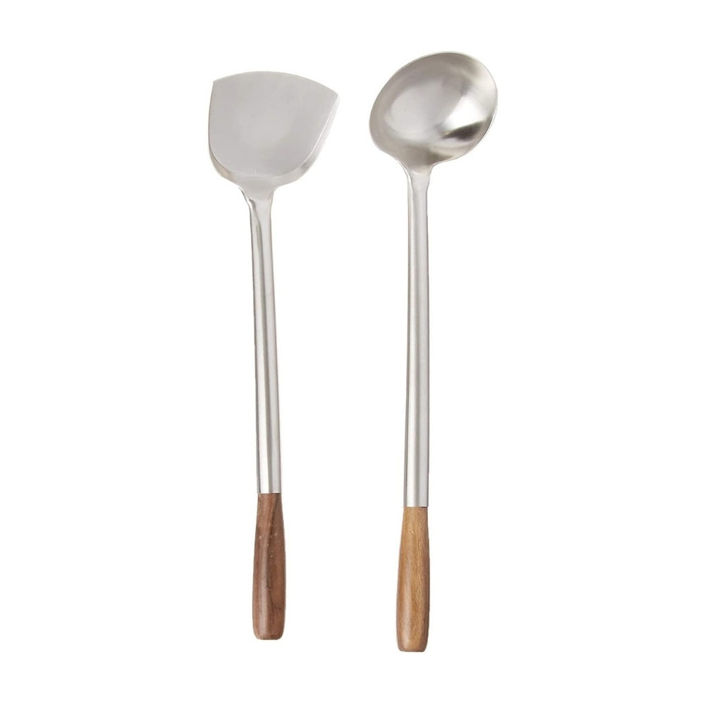  Chinese Asian Cooking Tools Wok Spoon & Wok Turner with Long  Wooden Handle Stainless Steel Chuan & Hoak (Spatula & Ladle