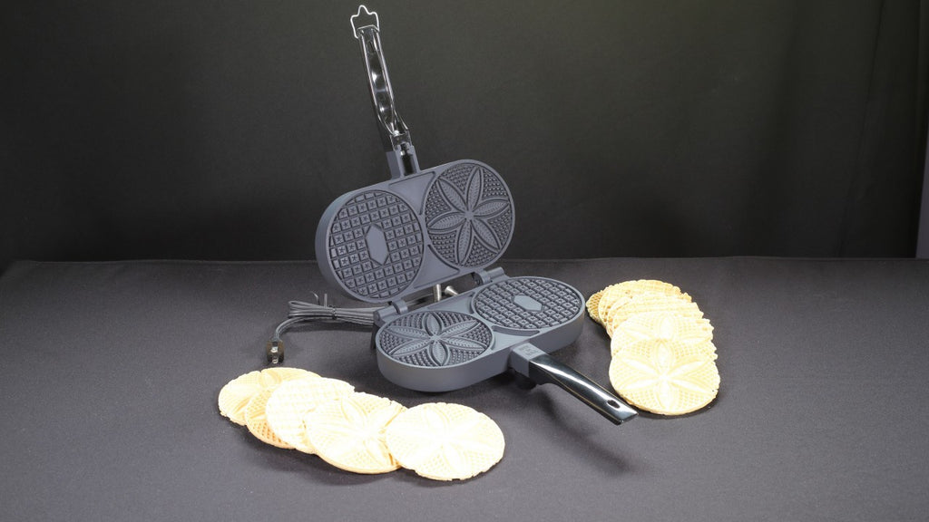 4 waffle cookies with this Pizzelle Maker non-stick, electric